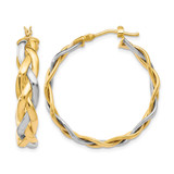 10K Yellow Gold Hollow with Rhodium-Plated Polished Braided Hoop Earrings, 32 mm