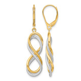 10K Yellow Gold Hollow with White Rhodium Polished Textured Infinity Leverback Drop Earrings, 42.25 mm