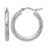 Rhodium-Plated 10K White Gold Hollow Diamond-Cut 3 mm Round Hoop Earrings, 25 mm Long
