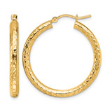 10K Yellow Gold Hollow Diamond-Cut 3 mm Round Hoop Earrings, 30 mm Long