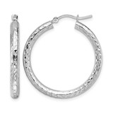 Rhodium-Plated 10K White Gold Hollow Diamond-Cut 3 mm Round Hoop Earrings, 30 mm Long