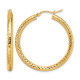 10K Yellow Gold Hollow Diamond-Cut 3 mm Round Hoop Earrings, 35 mm Long