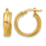 10K Yellow Gold Polished and Textured Round Hoop Earrings, 18 mm