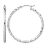 Rhodium-Plated 10K White Gold Hollow Polished and Satin Diamond-Cut 2.00 mm Hoop Earrings, 35 mm Long