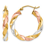 10K Tri-Color Gold Hollow Light Twisted Hoop Earrings, 29 mm
