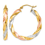 10K Tri-Color Gold Hollow Light Twisted Hoop Earrings, 33 mm