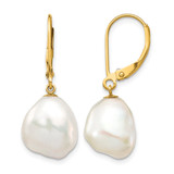 10K Yellow Gold 10 x 12 mm White Keshi Cultured Freshwater Pearl Leverback Drop Earrings, 30 mm Long