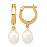 10K Yellow Gold 6-7 mm White Rice Cultured Freshwater Pearl Hinged Hoop Dangle Earrings, 27 mm Long