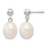 Rhodium-Plated 10K White Gold 8-9 mm White Rice Cultured Freshwater Pearl Dangle Earrings, 20 mm Long