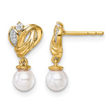 14K Yellow Gold Polished 0.075ct Diamond and White Cultured Freshwater Pearl Dangle Earrings, 16.1 mm