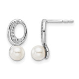 Rhodium-Plated 14K White Gold Polished 0.064ct Diamond and White Cultured Freshwater Pearl Drop Post Earrings, 13.7 mm