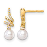 14K Yellow Gold Polished 0.102ct Diamond and White Cultured Freshwater Pearl Drop Post Earrings, 16.45 mm