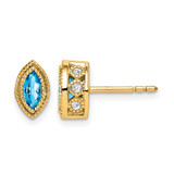 14K Yellow Gold Marquise Blue Topaz and 0.144ct Diamond Stud Earrings, 9.4 mm