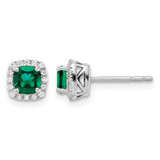 Rhodium-Plated 14K White Gold 0.112ct Lab-Grown Diamond and Lab-Created Emerald Square Halo Stud Earrings, 6.5 mm