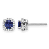 Rhodium-Plated 14K White Gold 0.112ct Lab-Grown Diamond and Lab-Created Sapphire Square Halo Stud Earrings, 6.5 mm