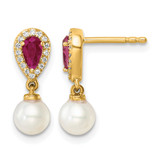14K Yellow Gold White Round Cultured Freshwater Pearl/0.096ct Diamond/Pear Ruby Dangle Earrings, 15.5 mm