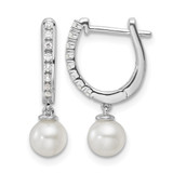 Rhodium-Plated 14K White Gold 0.096ct Lab-Grown Diamond and 5.50 mm Round Cultured Freshwater Pearl Hinged Hoop Drop Earrings, 20 mm Long