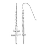 Rhodium-Plated 14K White Gold Chain Dangle 2-Cross French Hook Drop French Wire Earrings, 56 mm