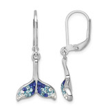 Sterling Silver Rhodium-Plated Polished Blue and White Crystal Whale Tail Dangle Leverback Drop Earrings, 30 mm