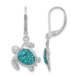 Sterling Silver Rhodium-Plated Polished Blue Crystal Turtle Dangle Leverback Drop Earrings, 33.5 mm