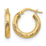 14K Yellow Gold Hollow 3 x 10 Diamond-Cut Round Hoop Earrings, 10 mm