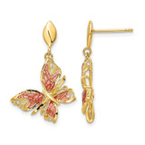 14K Yellow Gold Hollow Polished Diamond-Cut Pink Enamel Butterfly Post Dangle Earrings, 28 mm