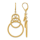 14K Yellow Gold Hollow Polished and Textured Leverback Drop Earrings, 60 mm