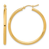 14K Yellow Gold Hollow Polished 2.5 mm Lightweight Tube Hoop Earrings, 35 mm Long
