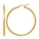 14K Yellow Gold Hollow Polished 2.5 mm Lightweight Tube Hoop Earrings, 50 mm Long