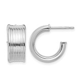 14K Yellow Gold with White Rhodium-Plated Polished and Grooved J-Hoop Post Earrings, 15.5 mm