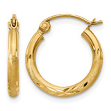 14K Yellow Gold Hollow Satin and Diamond-Cut 2 mm Round Tube Hoop Earrings, 15 mm Long