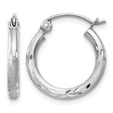 Rhodium-Plated 14K White Gold Hollow Satin and Diamond-Cut 2 mm Round Hoop Earrings, 15 mm Long