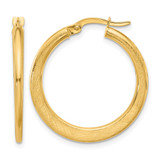 14K Yellow Gold Hollow Polished and Scratch Finish Round Hoop Earrings, 27 mm