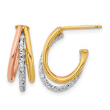 14K Yellow Gold with White Rhodium and Rose Gold Plating Textured 3 Row Post J-Hoop Earrings, 18.5 mm
