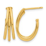 14K Yellow Gold Hollow Polished 3-Row J-Hoop Post Earrings, 20.2 mm