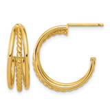 14K Yellow Gold Hollow Polished and Textured 3-Row Round J-Hoop Post Earrings, 19.75 mm