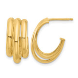14K Yellow Gold Hollow Polished 3-Row J-Hoop Post Earrings, 20 mm