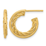 14K Yellow Gold Hollow Polished and Textured J-Hoop Post Earrings, 18 mm