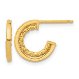 14K Yellow Gold Hollow Polished and Textured J-Hoop Post Earrings, 13.5 mm