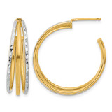 14K Yellow Gold with White Rhodium and Diamond-Cut 3-Row Round J-Hoop Post Earrings, 28 mm