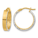 14K Yellow Gold with White Rhodium Polished and Diamond-Cut Hoop Earrings, 20 mm