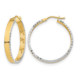 14K Yellow Gold with White Rhodium Polished and Diamond-Cut Hoop Earrings, 30 mm