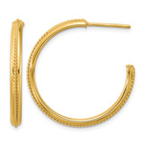 14K Yellow Gold Polished and Textured Round J-Hoop Earrings, 30 mm