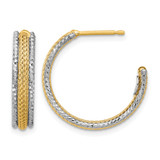 14K Yellow Gold with Rhodium Polished/Textured/Diamond-Cut J-Hoop Earrings, 20.25 mm