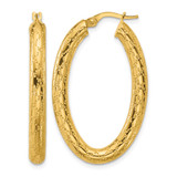 14K Yellow Gold Polished Patterned Oval Hoop Earrings, 36.35 mm