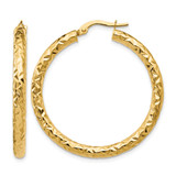 14K Yellow Gold Hollow ForeverLite Polished and Textured Hoop Earrings, 35 mm