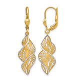 14K Yellow Gold Hollow with White Rhodium-Plated Textured and Diamond-Cut Leverback Drop Earrings, 40 mm