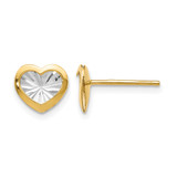 14K Yellow Gold Hollow with White Rhodium-Plated Polished and Diamond-Cut Heart Stud Earrings, 8 mm