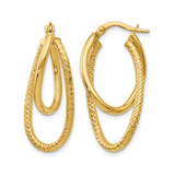 14K Yellow Gold Hollow Polished and Textured Hinged Hoop Earrings, 28 mm