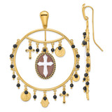 Sterling Silver 18K Gold-Plated Polished Textured and Beaded Black Cubic Zirconia Religious Cameo Threader Drop French Wire Earrings